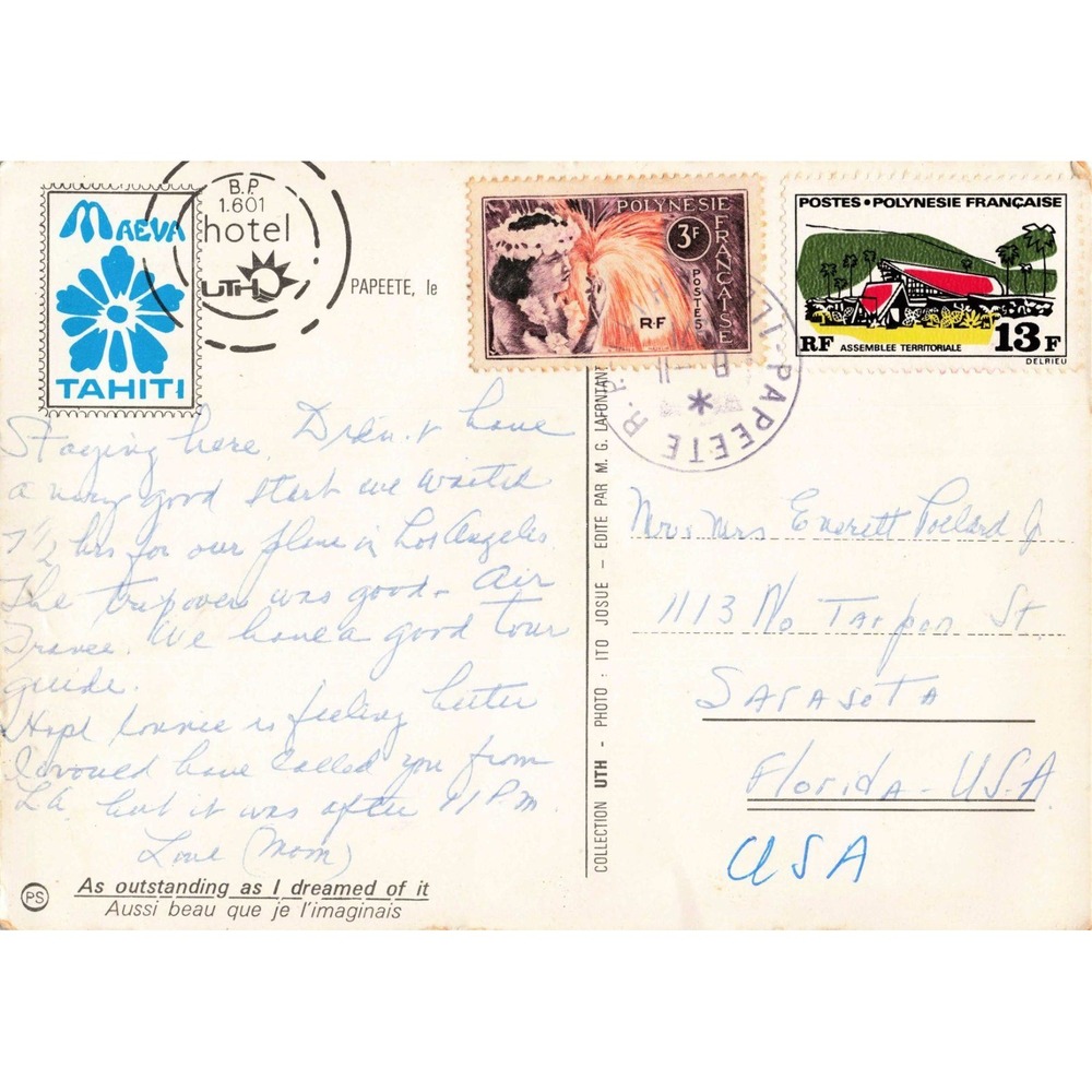 Vintage Maeva Hotel Tahiti Postcard Papeete French Polynesia Interior View VG - Picture 2 of 2
